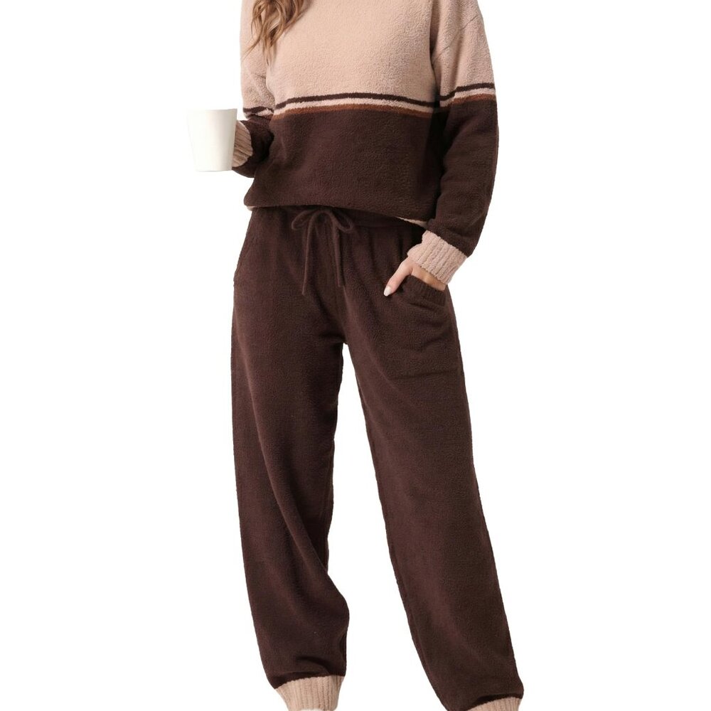 Fleece Hooded Pajama Set Women's Cozy Winter Sleepwear Lounge Wear